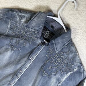 Roar Shirt Mens Large Blue Y2K Embroidered Crosses Faded Vincent Pinkman